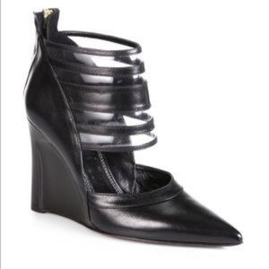 NWT Derek Lam Meryl 7 Black Leather Pointed Toe Wedge Heel Tonal Stitching ZipUp